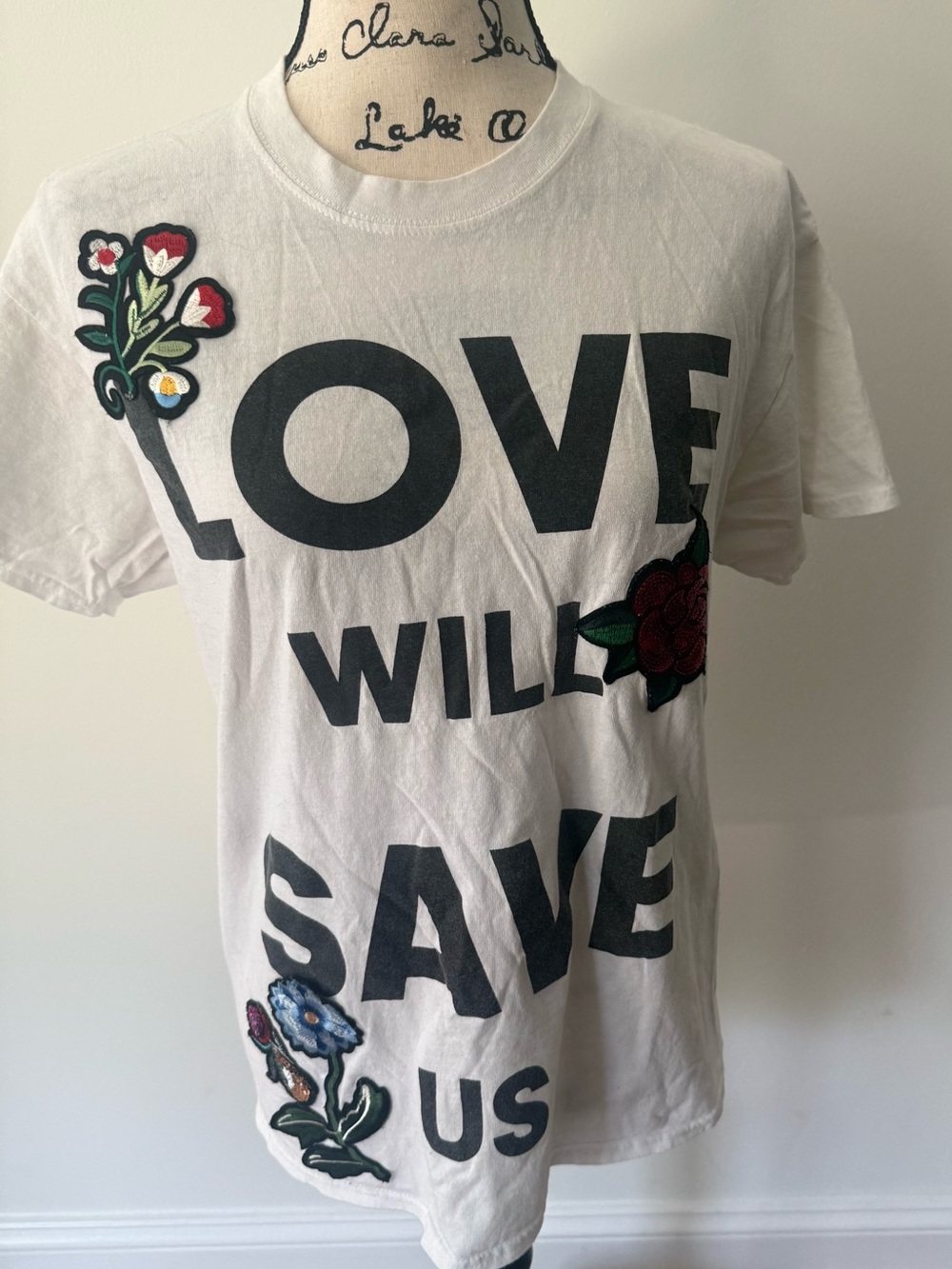 TOPSHOP Embroidered Floral “LOVE WILL SAVE US” Graphic T-Shirt – Size M